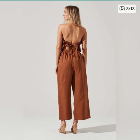 ASTR the label ruffle top jumpsuit linen cotton rust brown size S - Picture 3 of 14